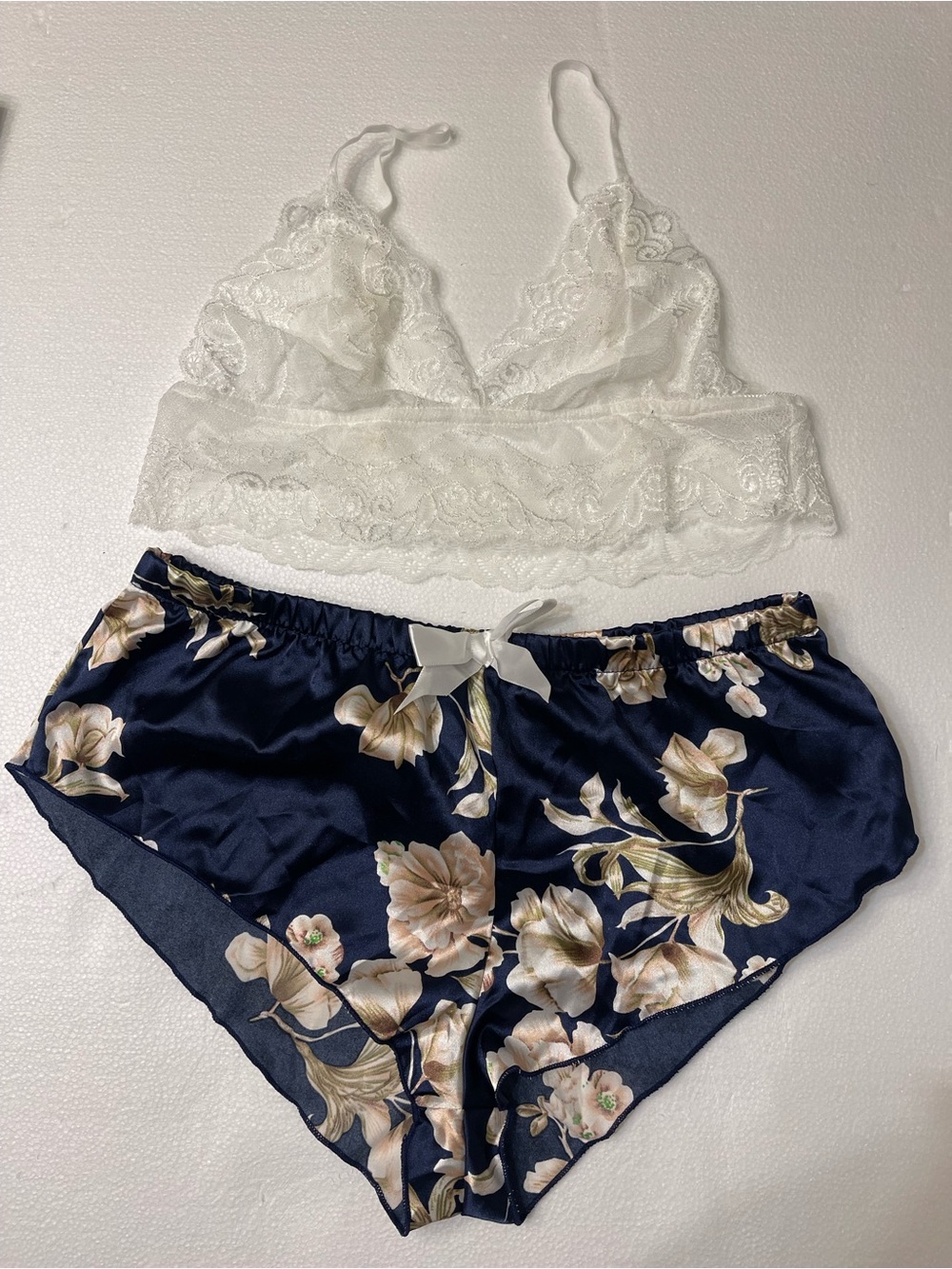 Lace Bralette & Floral Satin Shorts Sleep Set - White Lace & Navy Floral